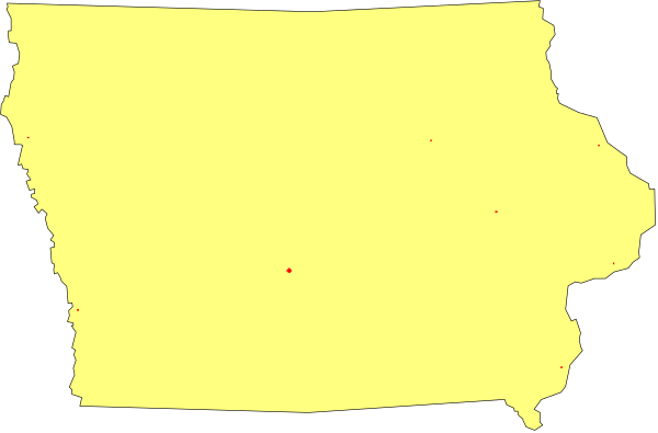 The image shows a yellow map of an area with red dots scattered across it against a black background.