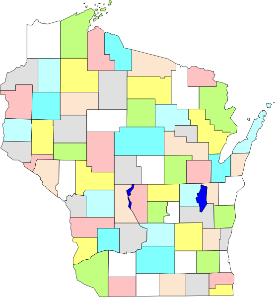 The map shows a state with counties outlined by color blocks; it's labeled "Wisconsin" at top left corner of image.