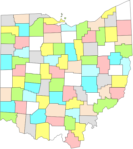 The image shows a stylized map of Indiana with counties outlined by color blocks representing different types of data such as population density, median income, education level, etc., set against a black background.