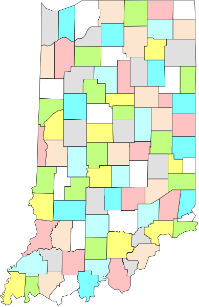 The map shows a stylized representation of an area with various colored regions labeled as counties within each state; it is overlaid on top of what appears to be a satellite image showing landmasses, water bodies and possibly roads in shades of gray.