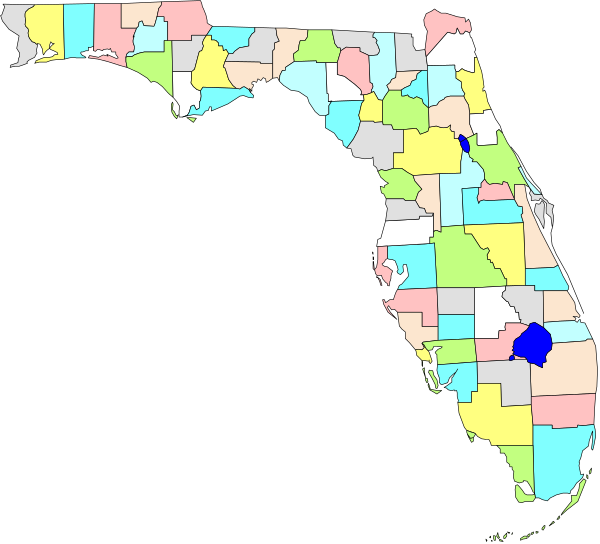 The map of florida with a legend indicating different types of water bodies such as lakes, rivers, bays, etc., in various shades like blue for oceans, green for forests, yellow and orange for land masses, red for roads or highways, white for cities, black for counties.