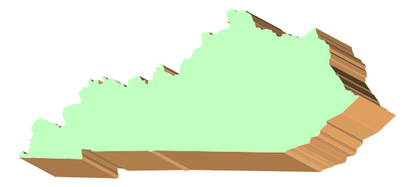 The image shows a stylized map of Kentucky with its borders outlined by red lines against an abstract background that includes geometric shapes in various shades of gray and orange.