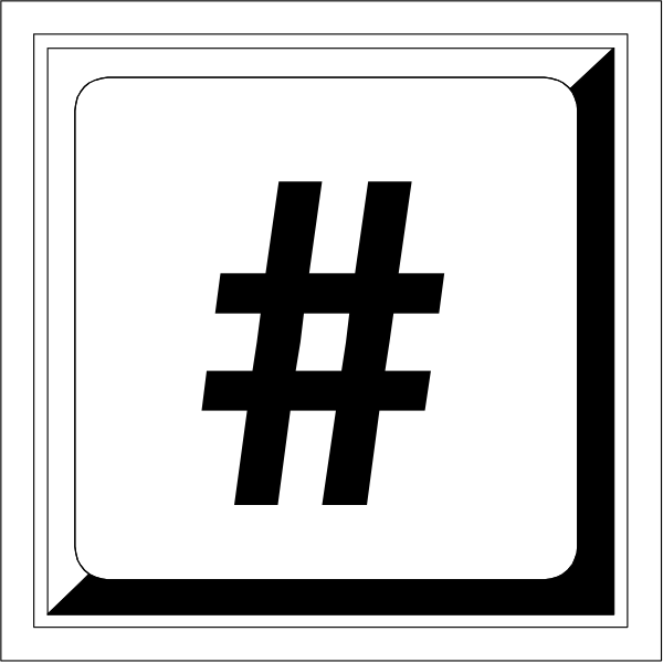 The image shows a simple black square with white text that reads "hashtag" inside it on top of another larger black square containing an exclamation mark symbolizing surprise or attention-grabbing within a smaller, darker border.
