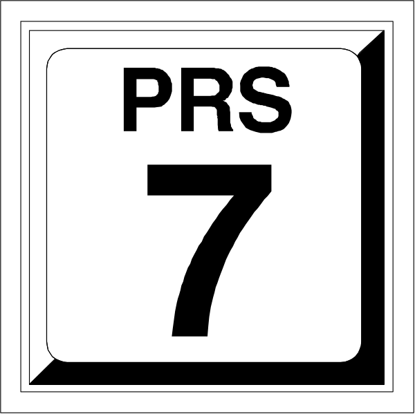 The image shows a license plate with text that reads "PRS 7" on it against a white background. There is no additional context provided about any other elements in this clip-art representation of an object, which focuses solely on the depicted item without providing information regarding its setting or surrounding environment. It's important to note that while there may be some ambiguity due to the nature of license plates and their use for identification purposes across different jurisdictions, "PRS 7" is a fictional representation in this context rather than an actual plate from any specific location. The image does