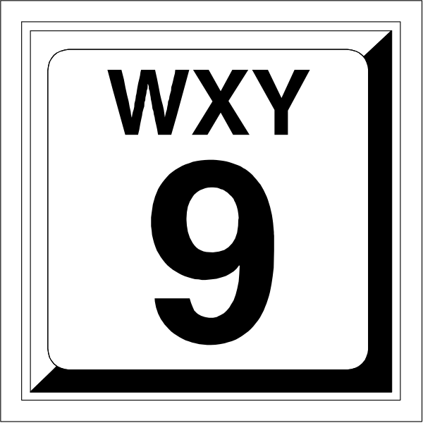 The image shows a license plate with text that reads "WXY 9" on it against an unrelated background featuring what appears to be a road sign for Interstate Highway 80 (I-80). There is no indication of any other objects, people or animals in the clip art. It's just about highway signs and license plates. The setting seems abstract as there are no clear indications of location within this image.