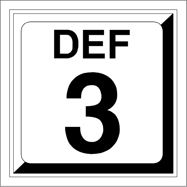 The image shows a white sign with black text that reads "DEF 3". It is an icon commonly used to represent parking spaces in some countries. There's also a small number three on it indicating this particular space has been taken, as opposed to being available for use (which would be indicated by the absence of any markings). The background behind the sign appears plain and does not provide additional context or setting information.