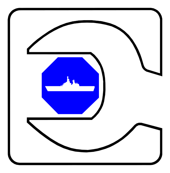 The image shows a black and white sign with an icon of a stoplight on it next to text that reads "STOP" in blue letters at the top right corner. Below this is another line of smaller text, which appears to be too small for me to read accurately. In the center bottom part of the sign there's a graphic representation of a ship or boat with waves around its base and what looks like an island on it. The background behind these elements seems darker than black but does not contain any distinguishable features that can provide further context about setting, objects, people, animals,