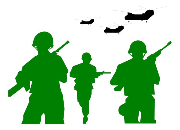 The image shows a black background with silhouettes of four soldiers standing side by side; each soldier is holding different types of weapons: one has an assault rifle, another holds what appears to be a sniper rifle, and two have handguns.