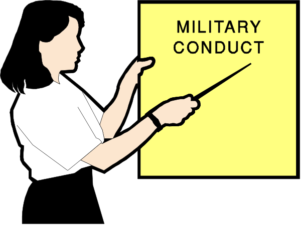 The image shows a person standing next to an easel with text that reads "Military conduct."