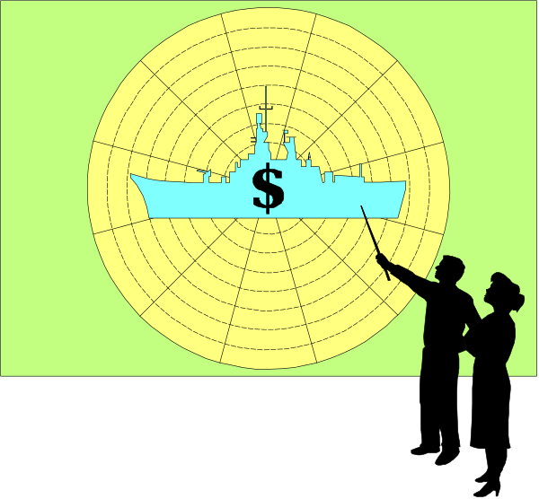 The image shows a black and white illustration of two figures standing on either side of an emblem featuring a ship with dollar signs around it; one figure appears to be pointing at something in front of them while looking upwards, suggesting attention towards another object not visible within this frame.