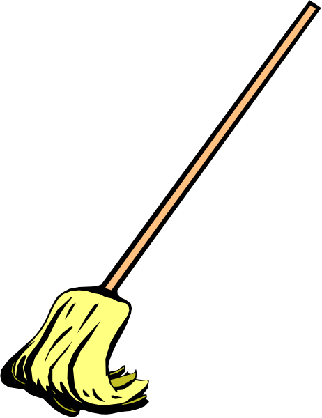 The image shows a broom with yellow bristles against a black background.