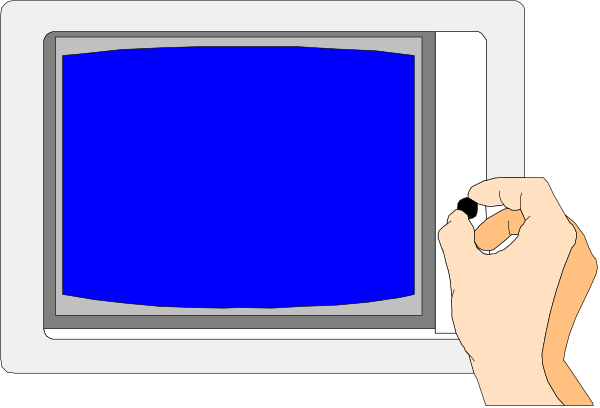 The image shows a hand holding down an arrow key on a computer keyboard with a blue screen displayed behind it.