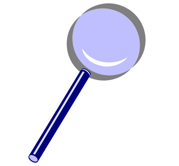 The image shows a magnifying glass with an attached blue handle pointing upwards towards it from below.