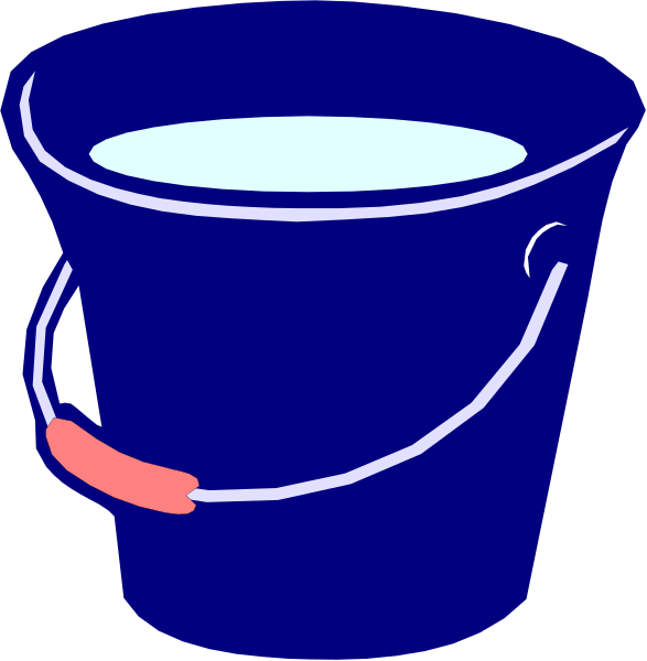The image shows a blue bucket with an ice cream cone handle on top of it next to another identical but empty bucket without its lid in what appears to be a kitchen environment.