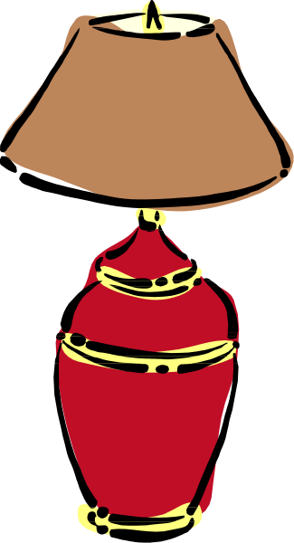 The image shows a red lamp with an orange shade standing on top of a vase that has two handles; both items appear to be made from ceramic material.