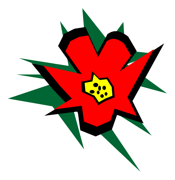 The image shows a red flower with green leaves surrounded by an explosion of shattered glass pieces that resemble stars against a black background.