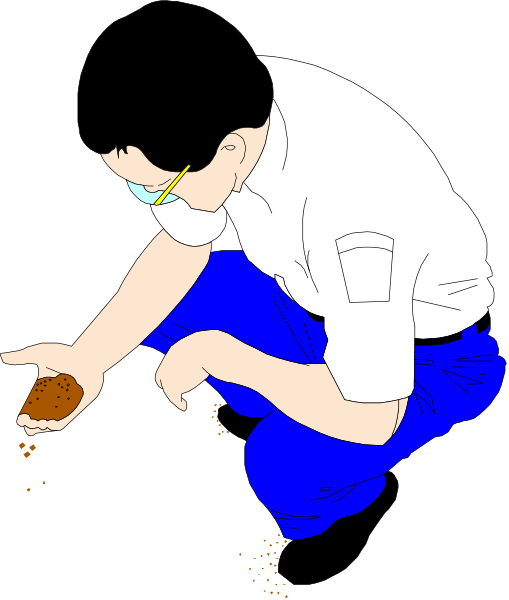 The image shows a person wearing glasses kneeling down to collect soil samples with their hands while holding an object that appears to be some sort of container for collecting specimens in one hand.