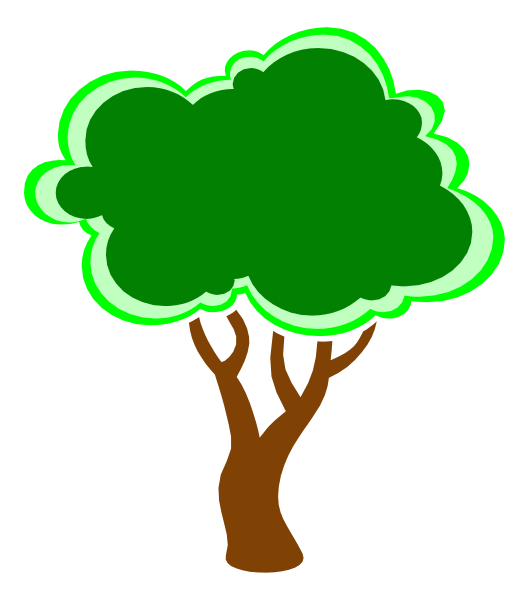 The image shows a simple line drawing of an evergreen tree with green leaves on top against a black background.