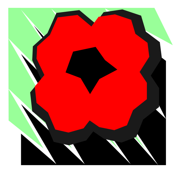 The image shows a red flower with six petals against an abstract background that appears to be made up of geometric shapes.