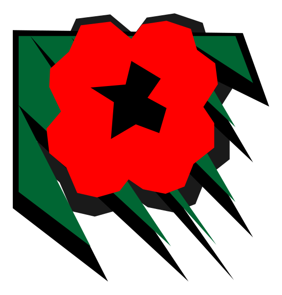 The image features a red poppy with green leaves against a black background on the left side of an American flag design that includes stars in white and blue stripes to its right.