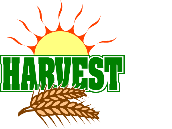 The image shows a logo with text that reads "HARVEST" at the top of it against an orange sunset background. Below this is a graphic representation of wheat on its left side and what appears to be grain in silhouette form, possibly representing crops or grains like corn or barley. To the right of these images are two ears of maize with green leaves attached. The overall style suggests it's related to agriculture or farming themes.