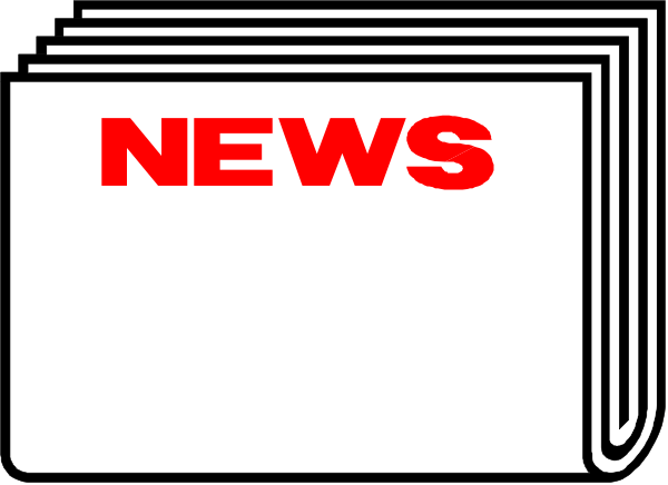 The image shows a black and white cartoon of an open newspaper with "NEWS" written on it against a gray background.