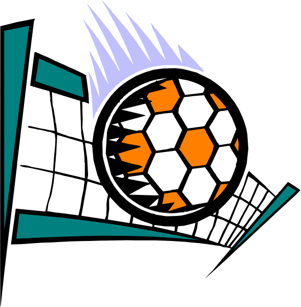 The image features a stylized graphic of an orange soccer ball with white lines representing its panels inside what appears to be a stadium seating area depicted in blue tones against a black background on one side; there is also a small, darker-colored figure resembling a person standing near the bottom right corner.
