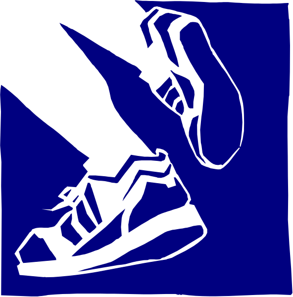 The black and white illustration shows a person wearing sneakers with blue laces running on what appears to be an ice rink surface against a dark background.