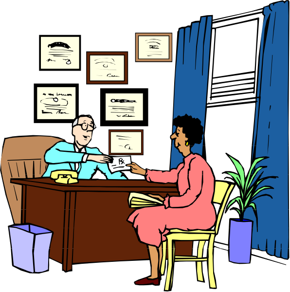 The illustration depicts a man sitting at an office desk with papers on it, holding out his hand to shake hands with another person who is standing in front of him across from the window.