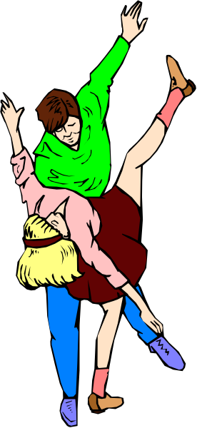 The illustration shows two animated characters dancing; a man with red hair wearing blue pants is holding onto another character who has blonde hair in green clothing while both appear to be performing ballet moves against an indistinct background, possibly suggesting movement and dance as their activity within this image.