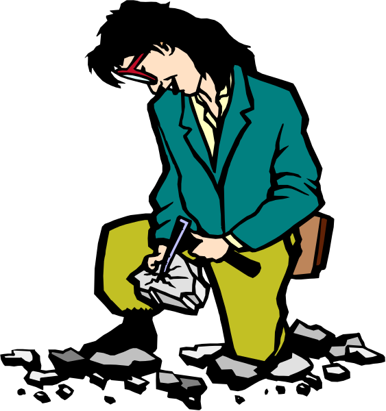 The illustration shows a man crouching down to pick up broken glass from the ground with his hands while wearing work clothes including gloves; he is in an outdoor environment under what appears to be nighttime conditions, as indicated by darkness and shadows around him.