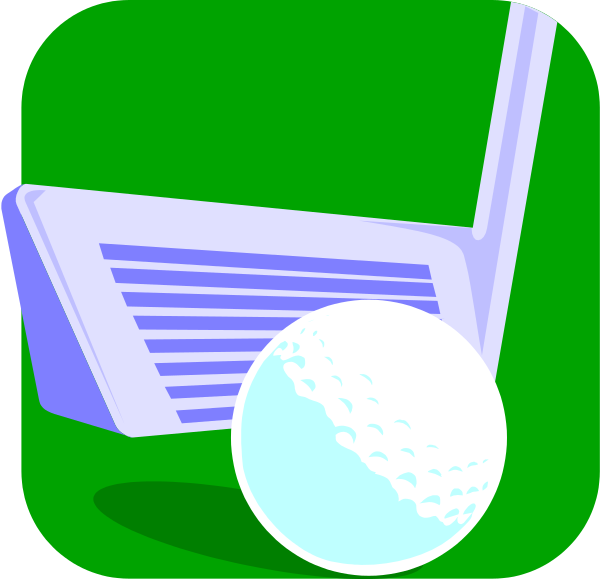 The image shows a cartoon depiction of golf equipment: there's an open umbrella with its handle pointing upwards to the left side; in front is a white ball on top of what appears to be a tee, and next to it stands a club leaning against something that looks like a green surface. The background has two shades of blue representing grass or sky, suggesting this scene takes place outdoors during daylight hours.