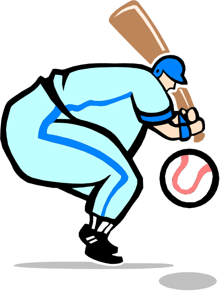 The illustration shows a baseball player wearing blue uniform with white stripes on pants holding a bat over his shoulder while leaning forward to hit an incoming ball in front of him; he is standing next to home plate, which has dirt around it and there's grass visible behind him.
