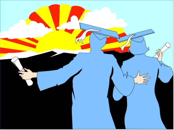 The image shows two graduates celebrating with a sunset backdrop; both individuals have caps on their heads and diplomas in hand while one is holding an object that resembles a microphone stand.