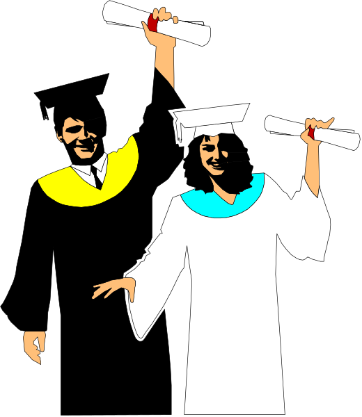 The image shows two graduates holding diplomas; a male graduate on left is wearing a black cap with yellow tassel while female graduate has blue sash over her gown.