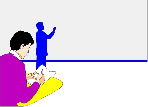 The image shows a person sitting at a desk with papers on it, looking towards an open window that has curtains drawn back to reveal darkness outside; in front of them is another figure standing by what appears to be a whiteboard and gesturing as if speaking or teaching.