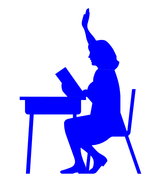 The picture shows a cartoon of an adult figure sitting at a desk with their hand raised as if to answer a question in class while holding up one finger for emphasis.