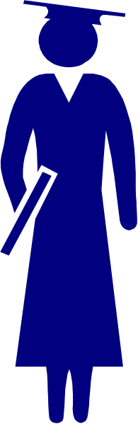 The image shows a blue silhouette of an adult woman standing next to another figure that appears to be holding something small in their hand; both figures have graduation caps on top of them.