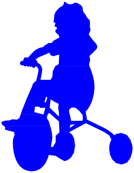 The image shows a blue silhouette of an adult riding a tricycle with training wheels on it against a black background.