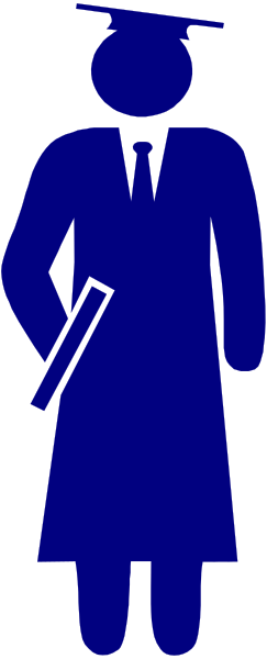 The image shows a blue silhouette of an adult male figure standing upright with his arms at sides against a gray background; he is wearing what appears to be graduation regalia including cap and gown.