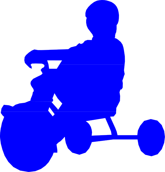 The image shows a blue silhouette of an adult riding on tricycle wheels with two small black circles representing eyes in front of it.