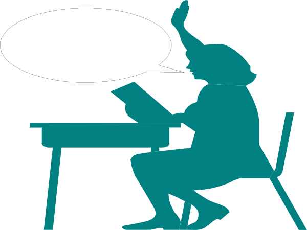 The image shows a cartoon of an animated character sitting at a desk with their hand raised as if to answer a question in class while holding what appears to be a book open on top of it; above them is speech bubble containing text that reads "YES!".