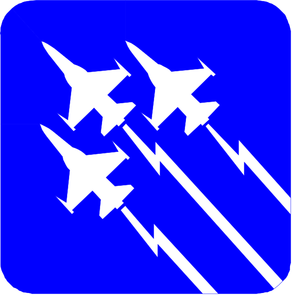 The image shows a blue square with four fighter jets flying horizontally across it from left to right against a white background; there is also an icon of lightning bolts in front of each jet on its respective side, suggesting speed and power.