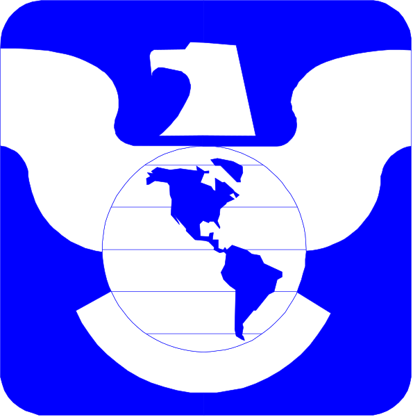 The image shows a blue globe with white landmasses representing countries on it, placed within an emblem that includes wings extending from either side of what appears to be a shield-like design in front of which is a badge featuring two crossed swords and above them, three stars forming the shape of a triangle.