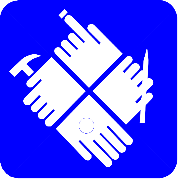 The image shows a blue icon with white text that reads "Hammer & Nails" on top of an illustration depicting two hands holding tools: one hand is using a hammer to drive nails into what appears to be wood, while another tool resembling pliers or wire cutters rests in the background. The image has a simple and flat design with no additional context provided about setting or people present within it.