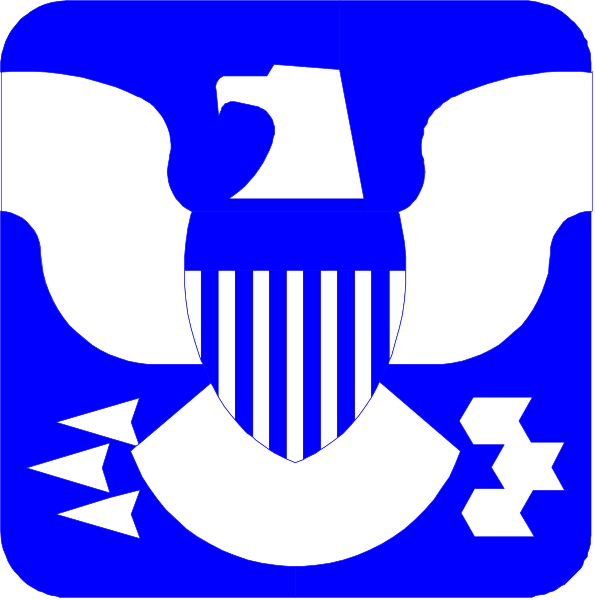 The image shows a blue icon with white elements that includes an eagle's head on top of what appears to be a shield-like design featuring stars around it; below this is another emblem resembling a torch flanked by two arrows pointing upwards, and at the bottom there are three symbols: one depicts a handshake between two people with wings above them, suggesting peace or partnership. The overall style of the image suggests that it may be related to governmental insignia due to its design elements commonly associated with national flags or emblems.