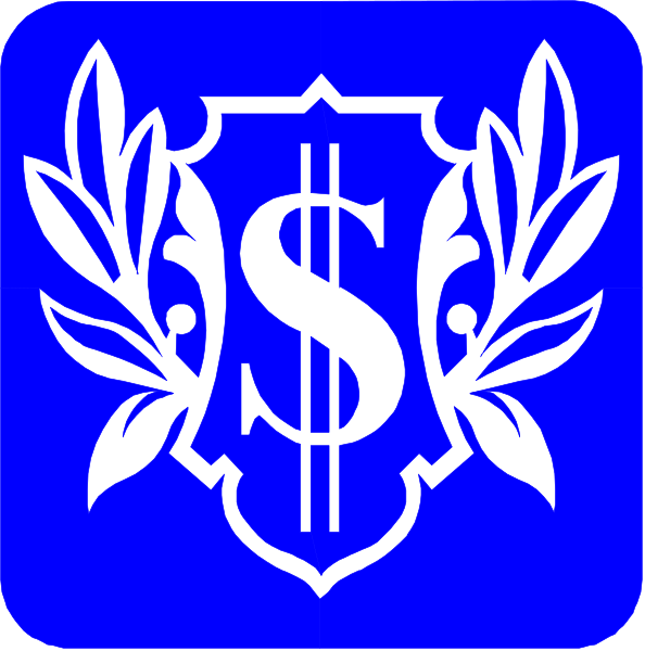 The image shows two square graphics side by side with a blue background featuring white text and symbols: on the left is an icon of a dollar sign within laurel leaves; to its right is another graphic that appears to be a stylized shield-like emblem, also in white against a darker shade.