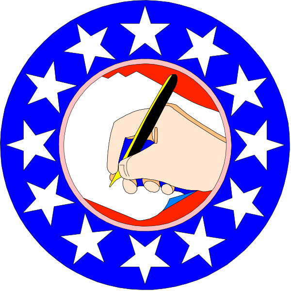 The image shows a stylized graphic with two circular badges featuring an American flag motif on either side of a central illustration where someone is writing in ink using a pen.