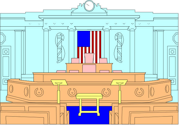 The image shows a cartoon representation of an American presidential inauguration ceremony with President Obama seated at his desk behind podiums in front of him; there is no crowd present due to its small size as clip-art, and it appears stylized rather than realistic.