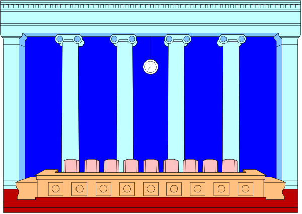 The image shows a stage with blue curtains on either side of an empty podium at center front; there is no audience present in this clip-art illustration.